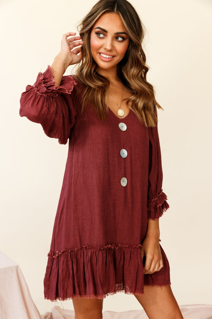 Amala Balloon Sleeve Button Detail Linen Dress Maroon by Selfie Leslie