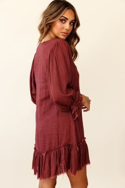 Maroon front pocket cotton linen dress
