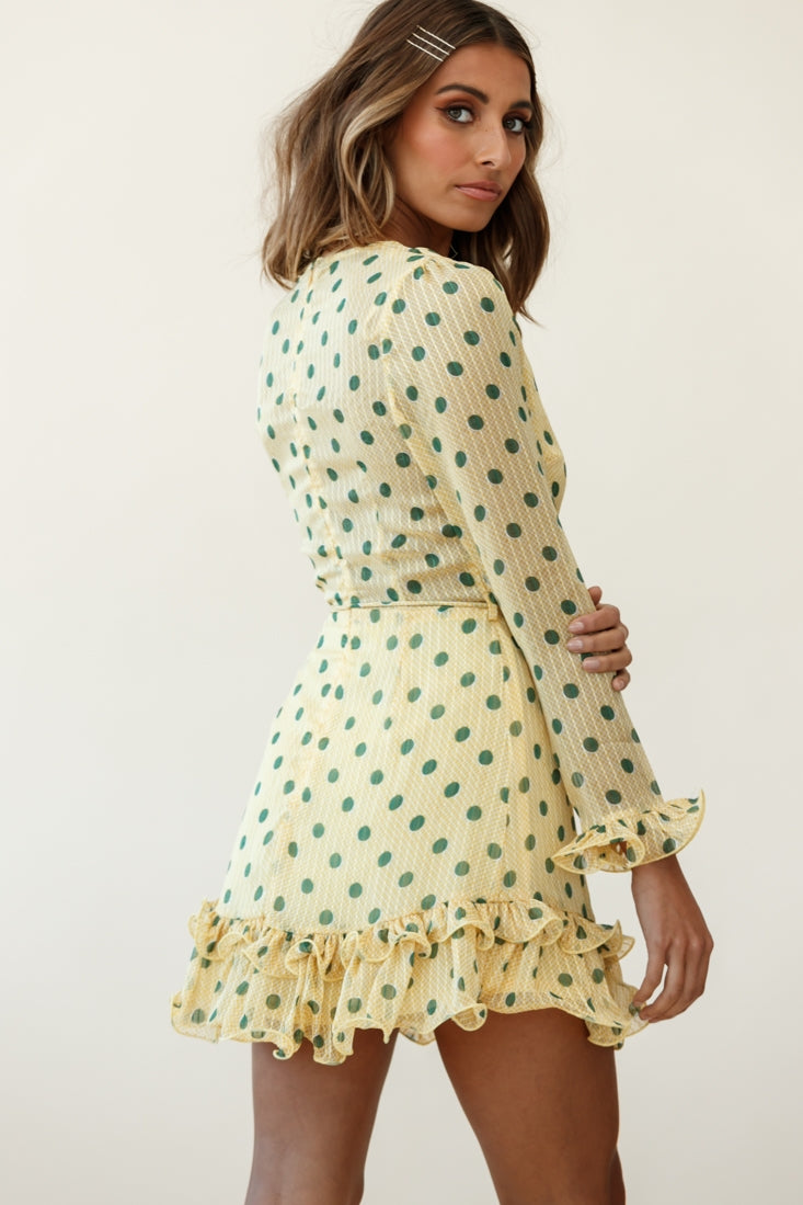 Breckin Long Sleeve Double Frill Hem Dress Polka Dot Print Mustard by Selfie Leslie