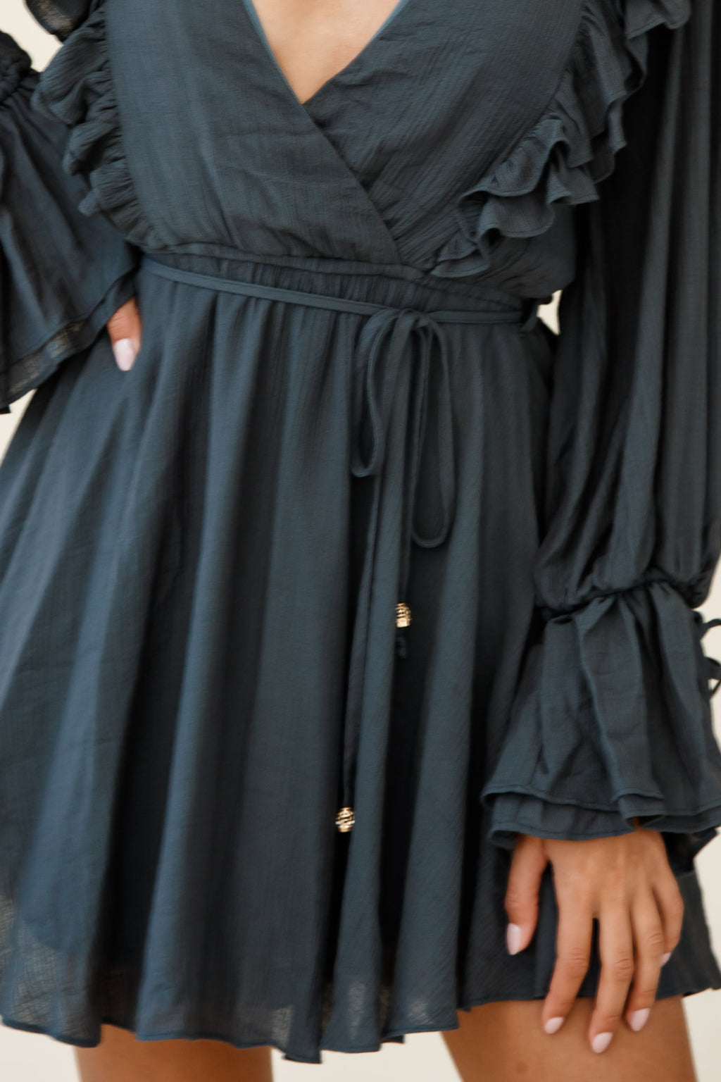 Adina Fluted Long Sleeve Frill Detail Dress Green by Selfie Leslie