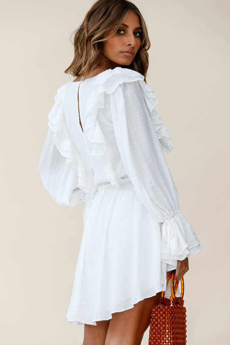 Adina Fluted Long Sleeve Frill Detail Dress White by Selfie Leslie