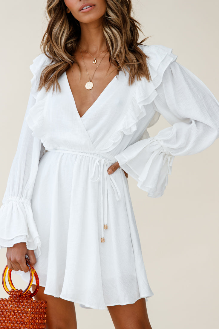 Adina Fluted Long Sleeve Frill Detail Dress White by Selfie Leslie