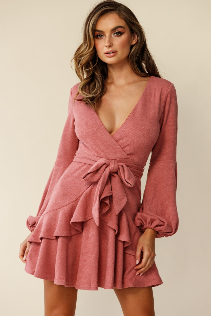Dresden Long Sleeve Ruffle Detail Knit Dress Rose by Selfie Leslie