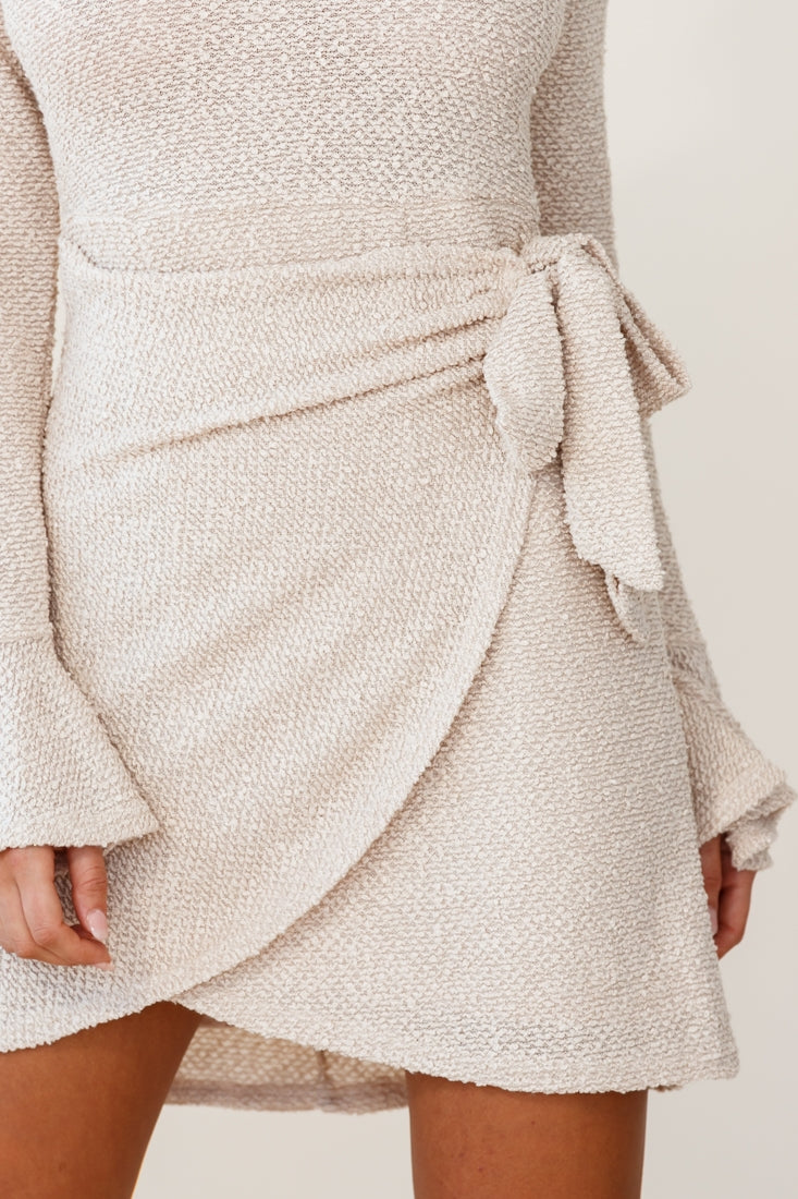 Minerva Flared Cuff Knit Wrap Dress Beige by Selfie Leslie