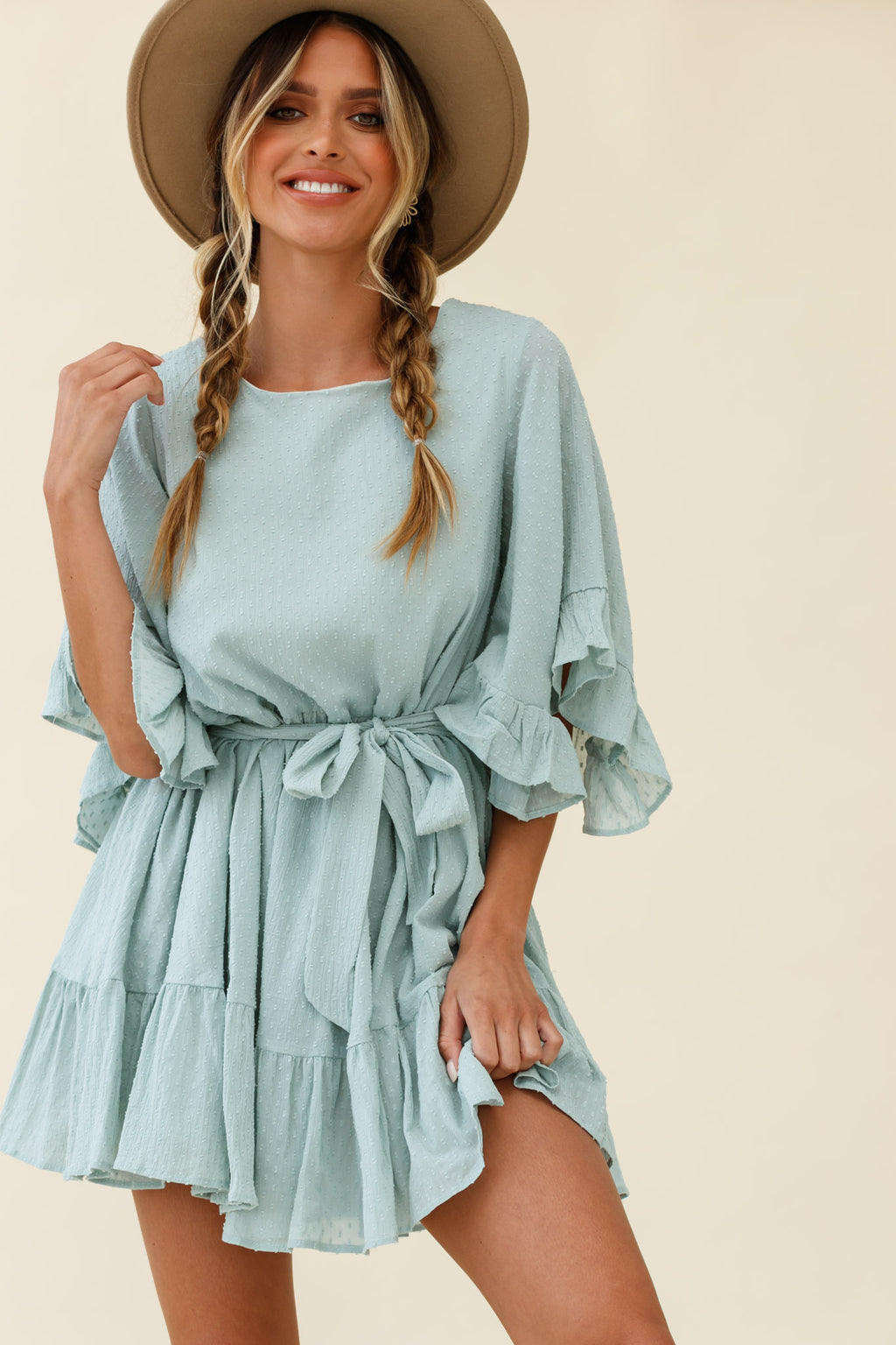Joni Batwing Sleeve Waist Tie Dress Sage by Selfie Leslie