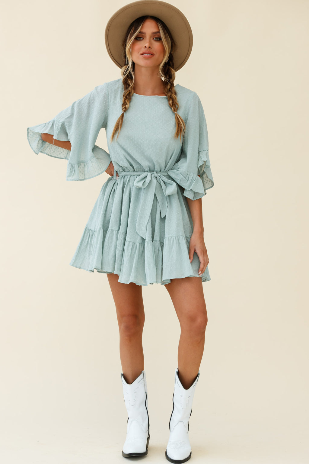 Joni Batwing Sleeve Waist Tie Dress Sage by Selfie Leslie