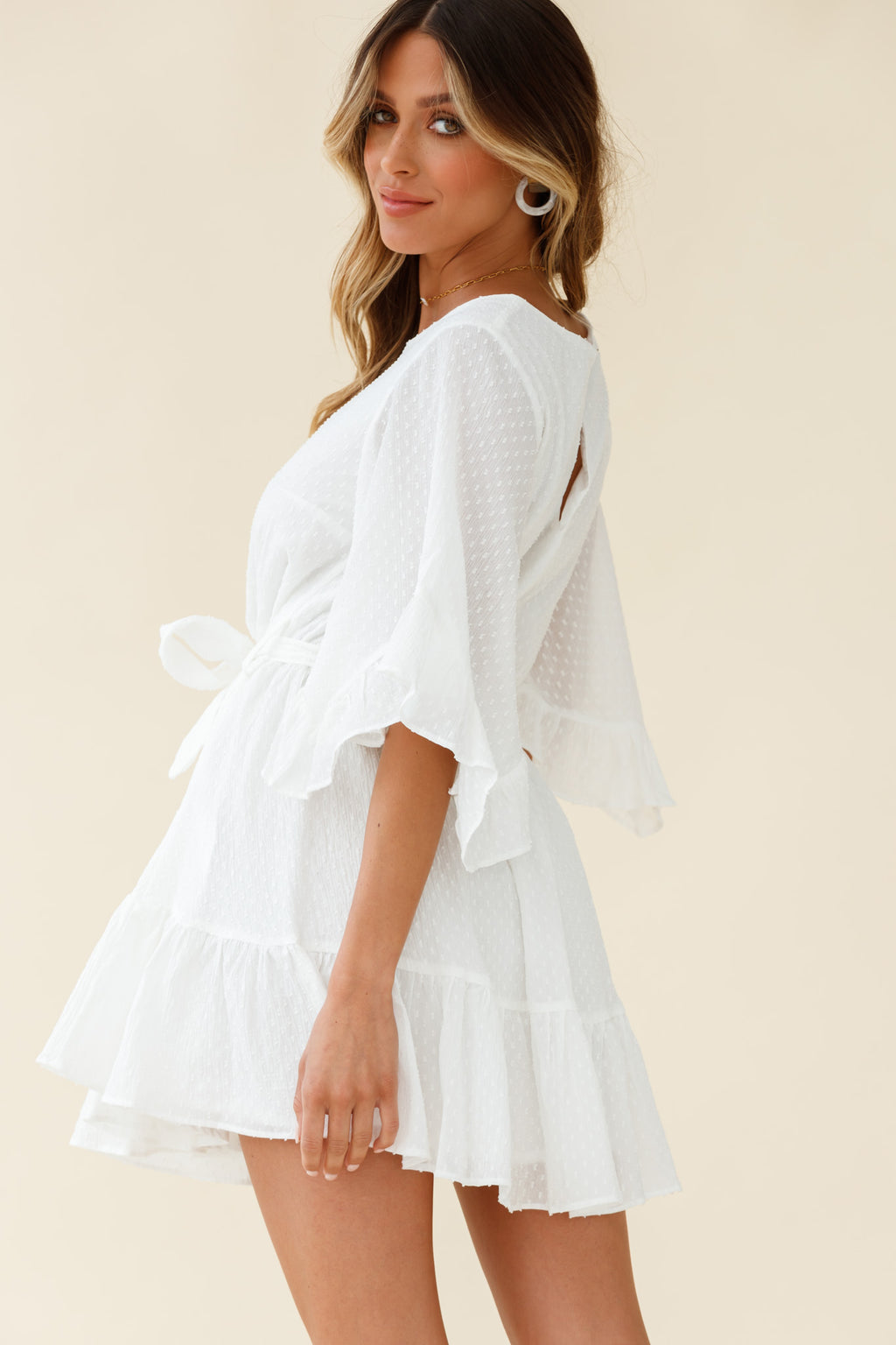 Joni Batwing Sleeve Waist Tie Dress White by Selfie Leslie