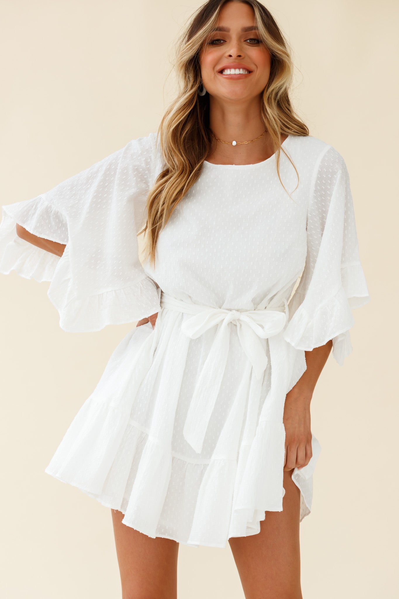 Joni Batwing Sleeve Waist Tie Dress White by Selfie Leslie