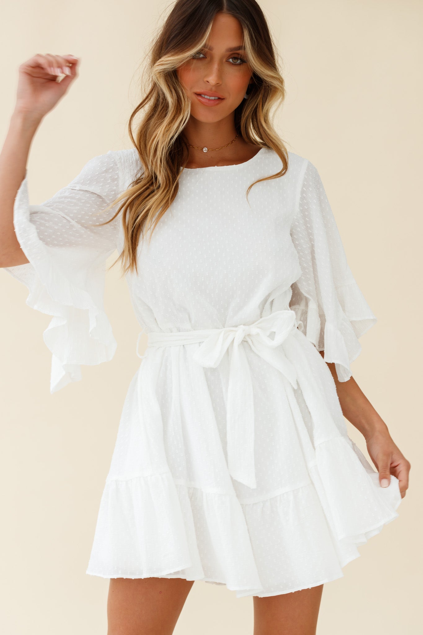 Joni Batwing Sleeve Waist Tie Dress White by Selfie Leslie