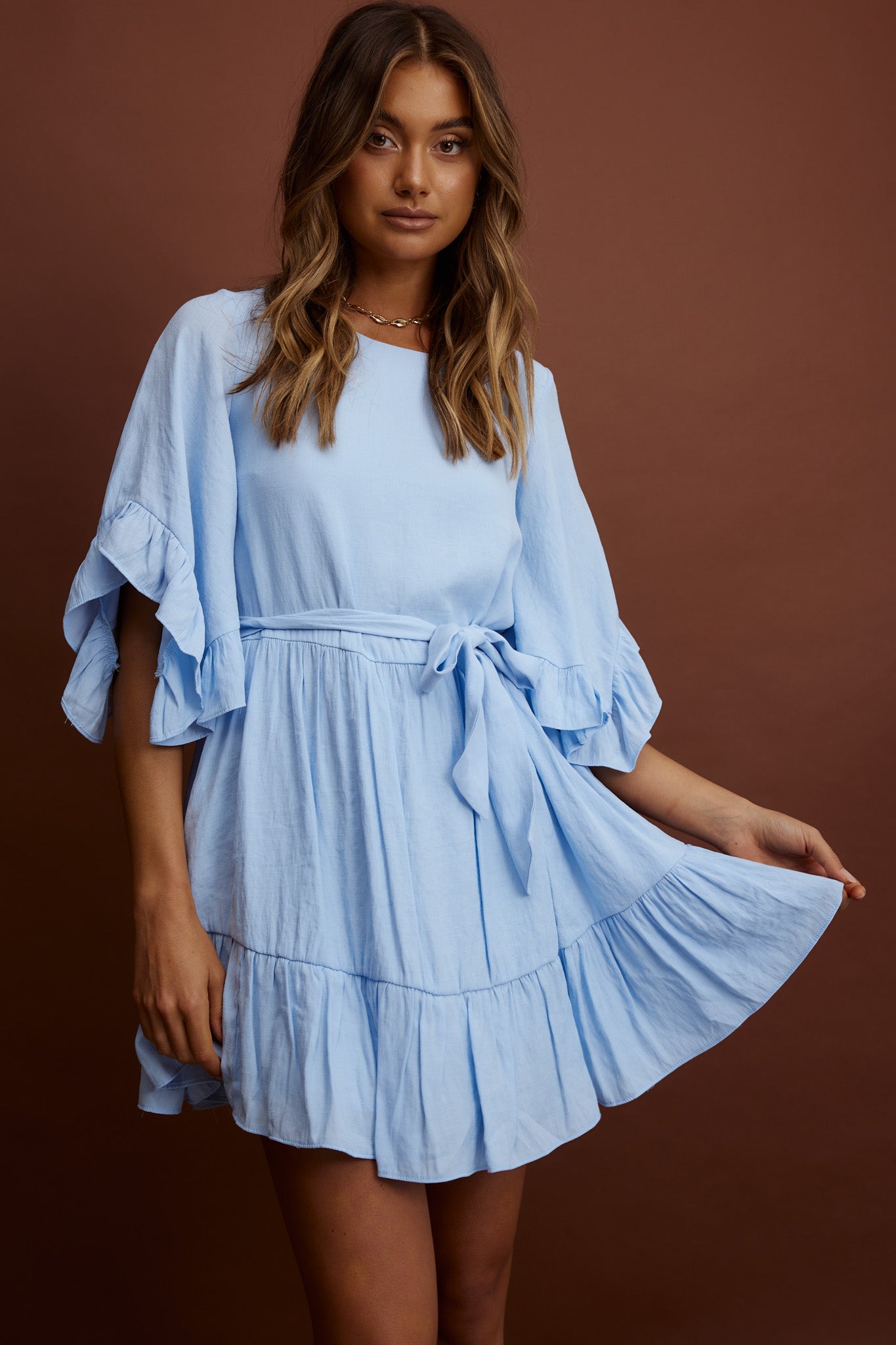 Joni Batwing Sleeve Waist Tie Dress Ruffle Blue by Selfie Leslie