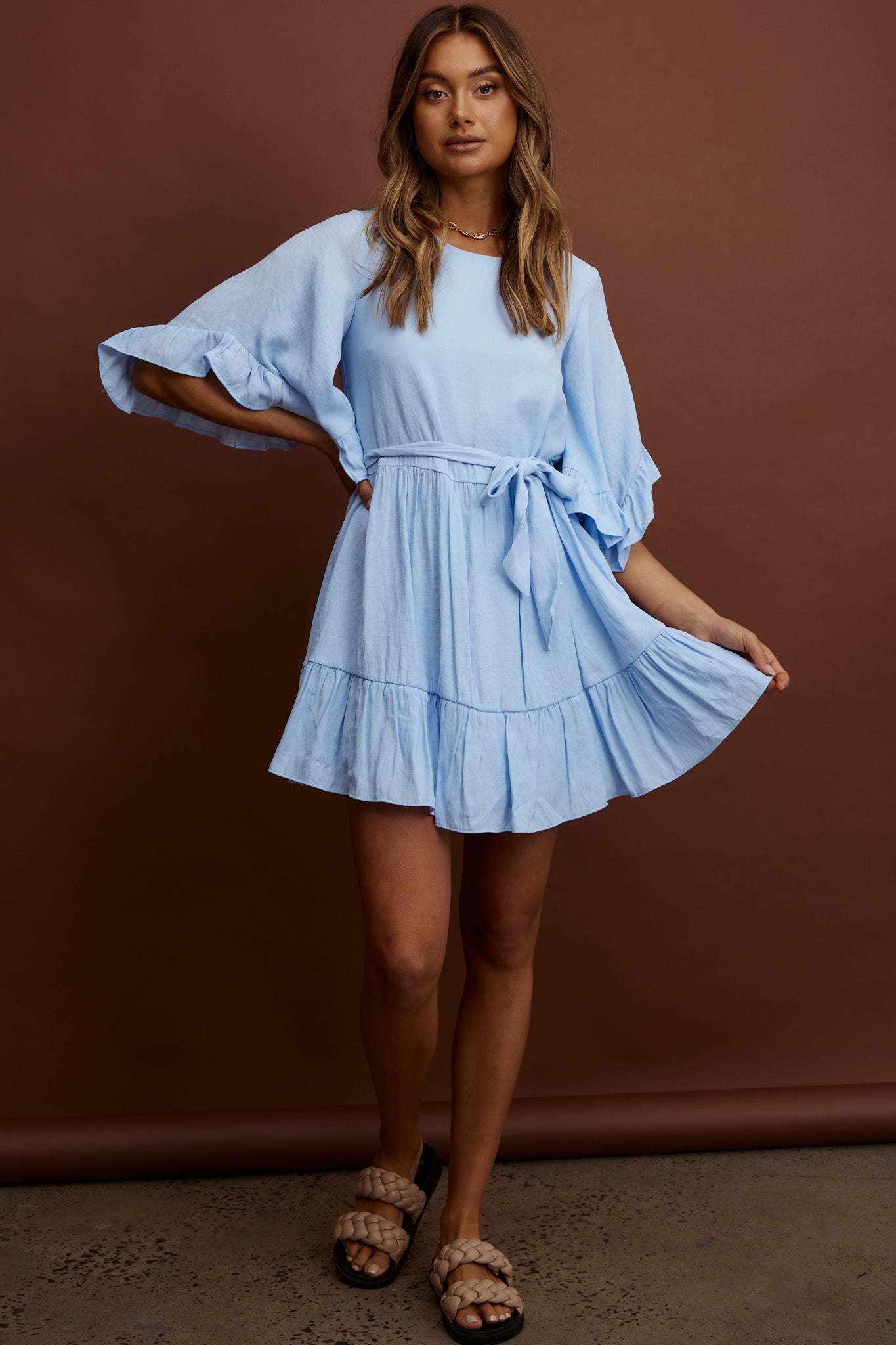 Joni Batwing Sleeve Waist Tie Dress Ruffle Blue by Selfie Leslie