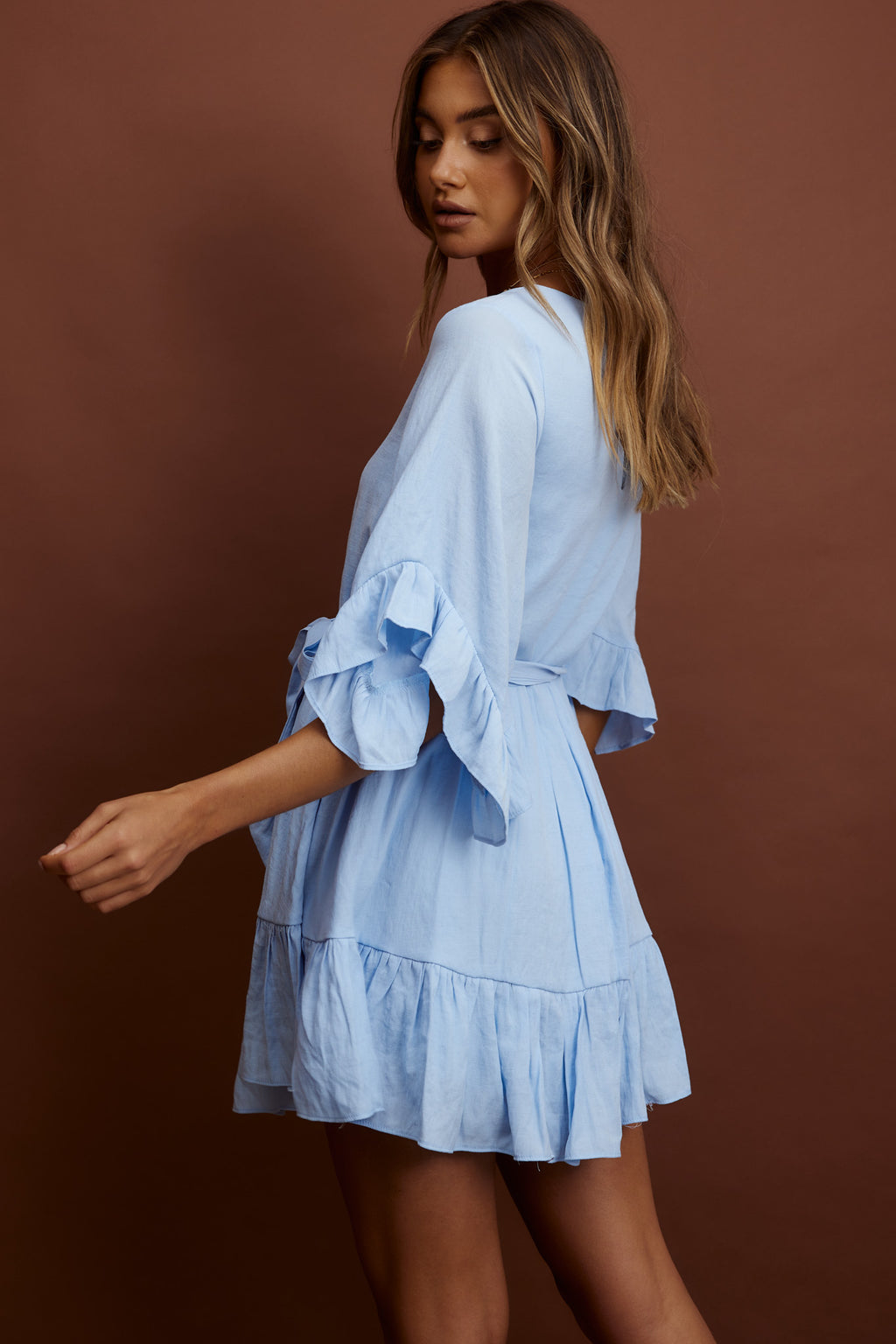 Joni Batwing Sleeve Waist Tie Dress Ruffle Blue by Selfie Leslie