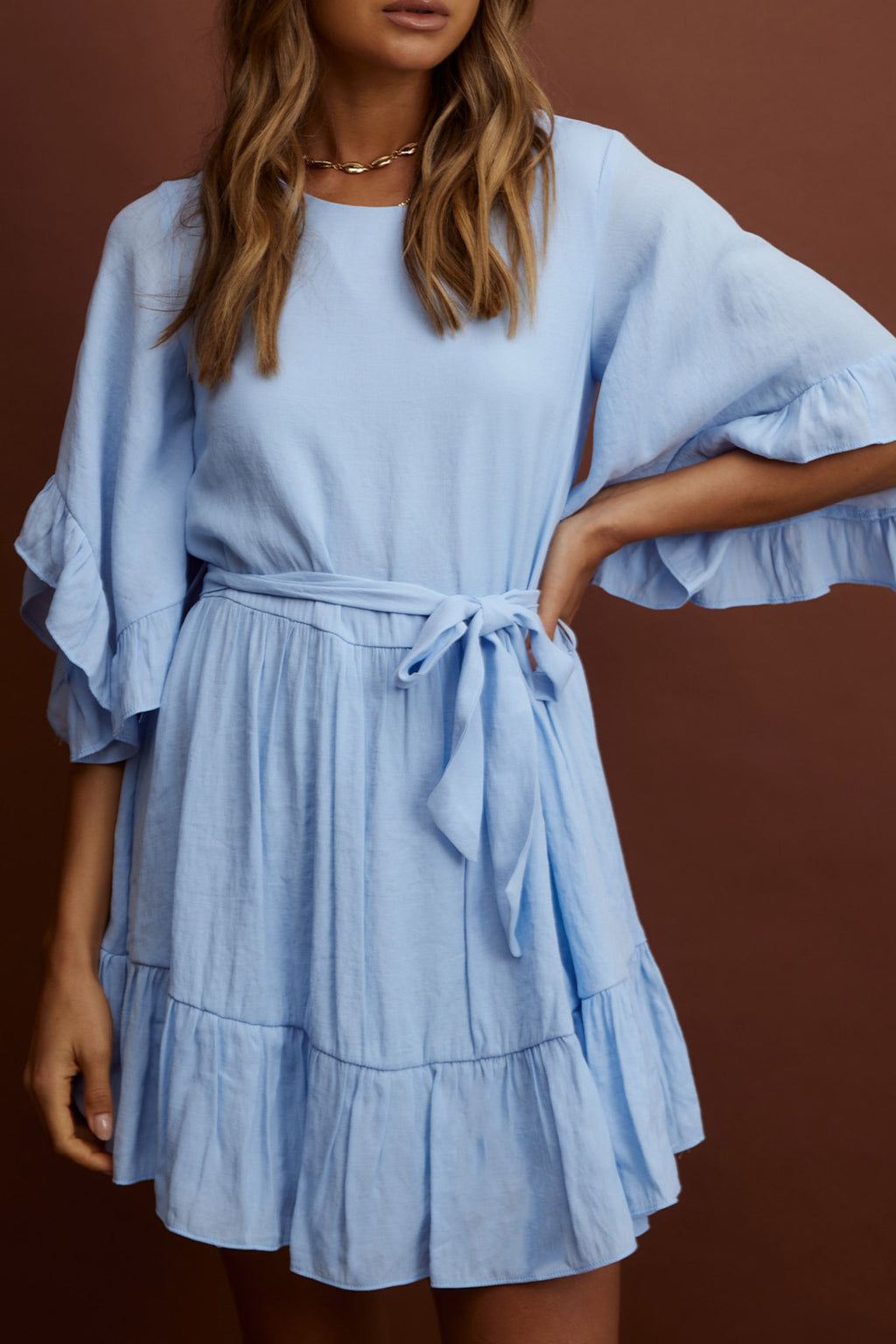 Joni Batwing Sleeve Waist Tie Dress Ruffle Blue by Selfie Leslie