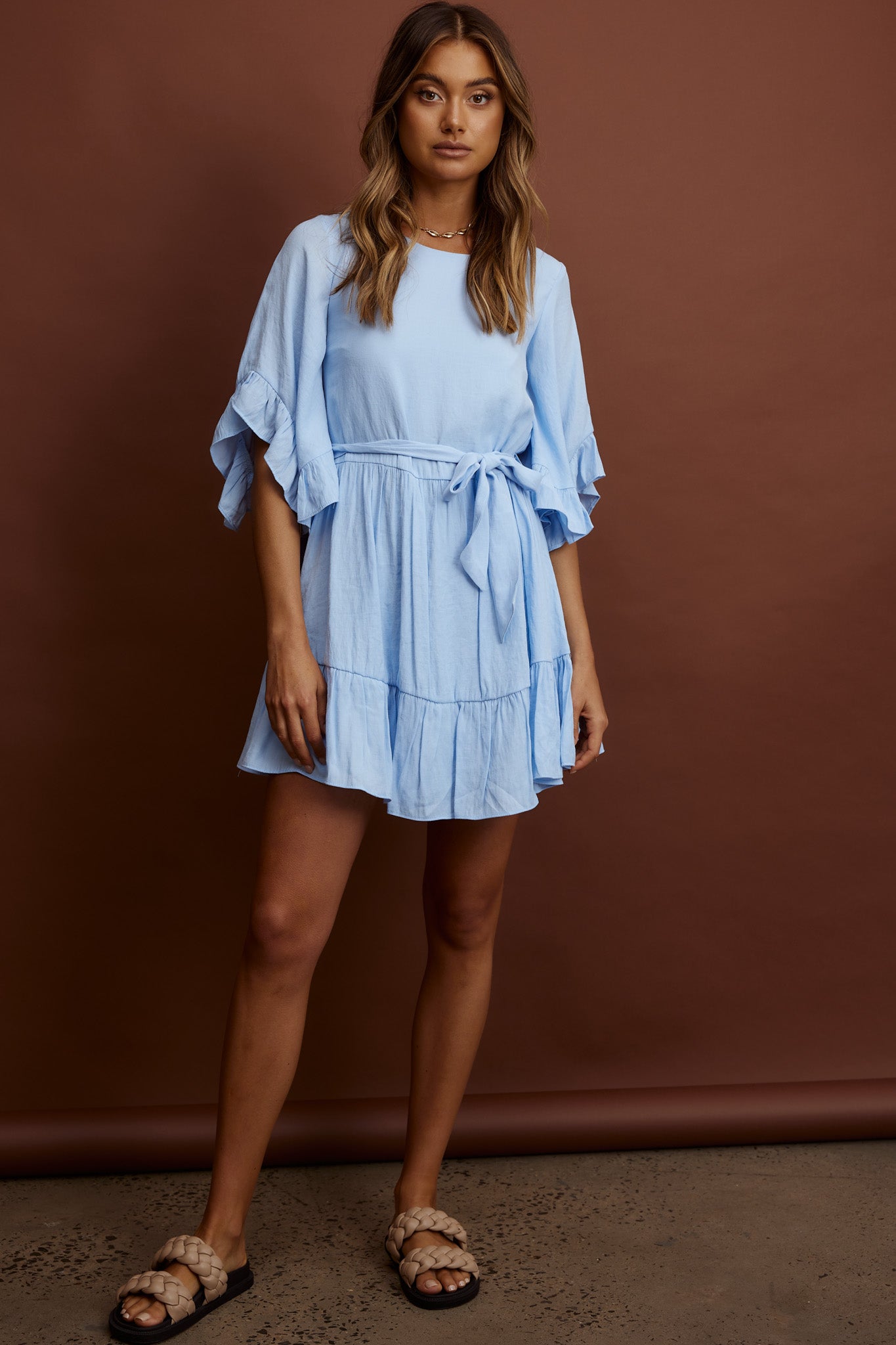 Joni Batwing Sleeve Waist Tie Dress Ruffle Blue by Selfie Leslie