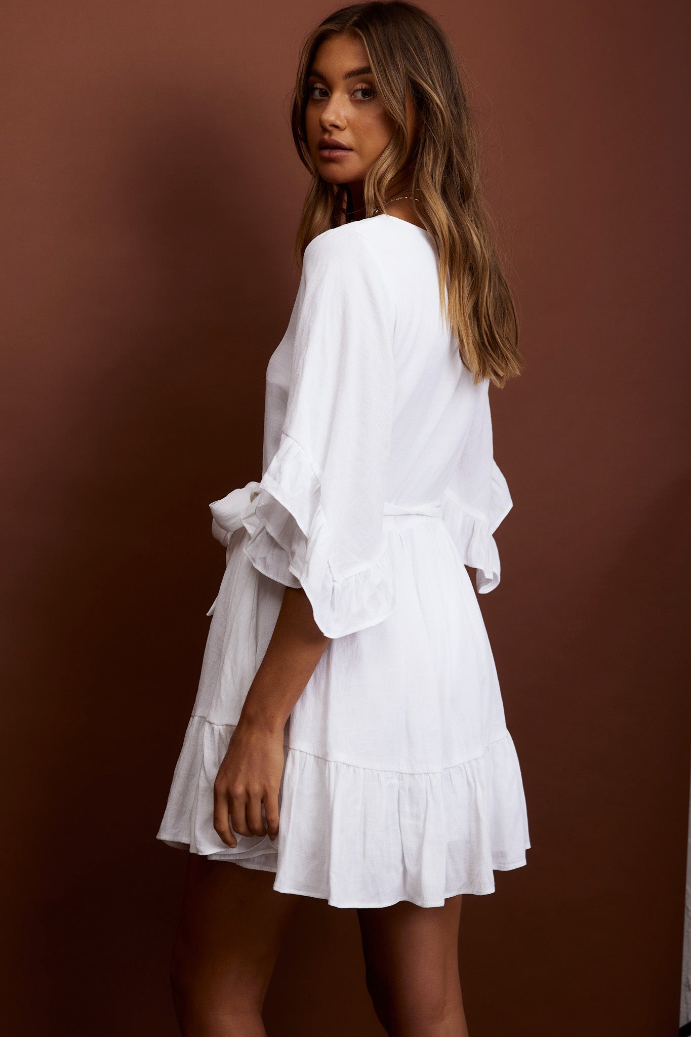 Joni Batwing Sleeve Waist Tie Dress Ruffle White by Selfie Leslie