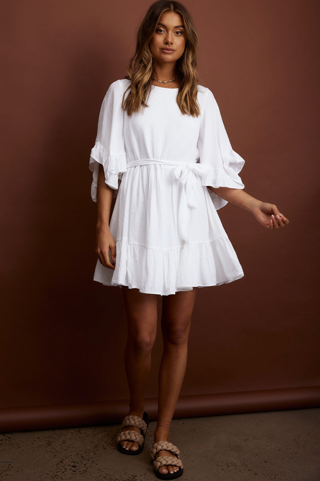 Joni Batwing Sleeve Waist Tie Dress Ruffle White by Selfie Leslie