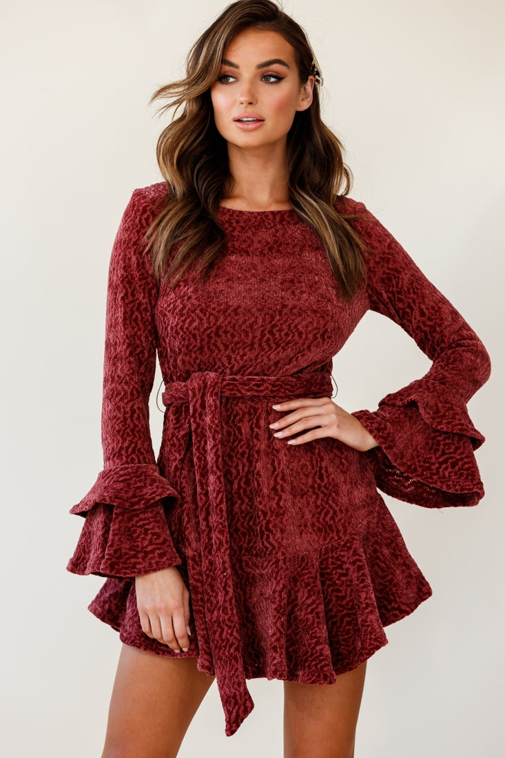 Saphira Long Sleeve Fluted Hem Knit Dress Rose by Selfie Leslie