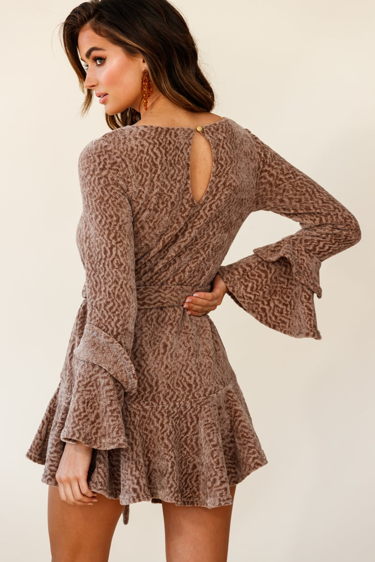 Saphira Long Sleeve Fluted Hem Knit Dress Taupe by Selfie Leslie