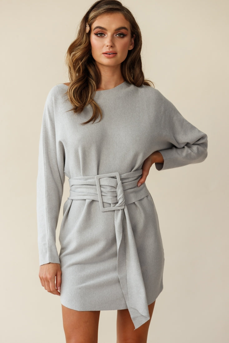 Lorelei Long Sleeve Wide Belt Knit Dress Grey by Selfie Leslie