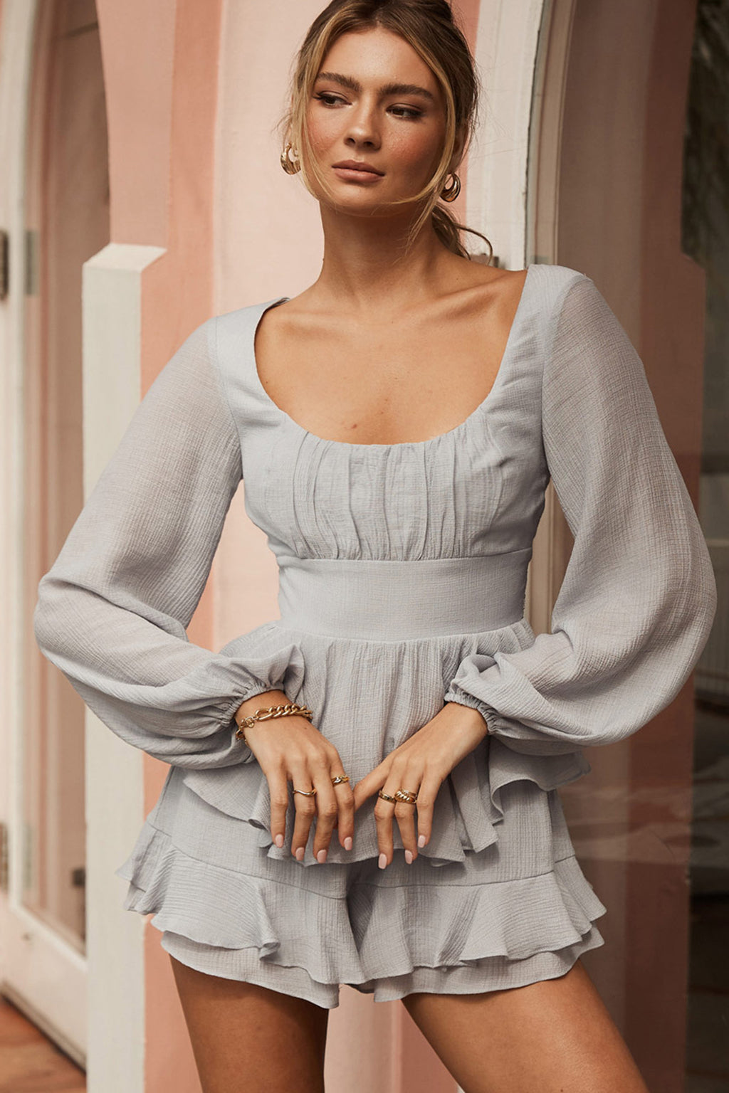 Wendy Ruched Bust Long Sleeve Ruffle Romper Grey by Selfie Leslie