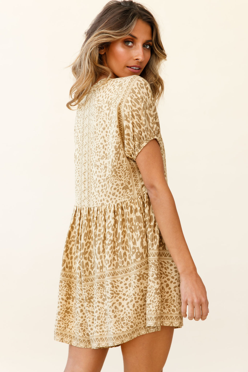 Time Flies Puff Sleeve T-Shirt Romper Animal Print Khaki by Selfie Leslie