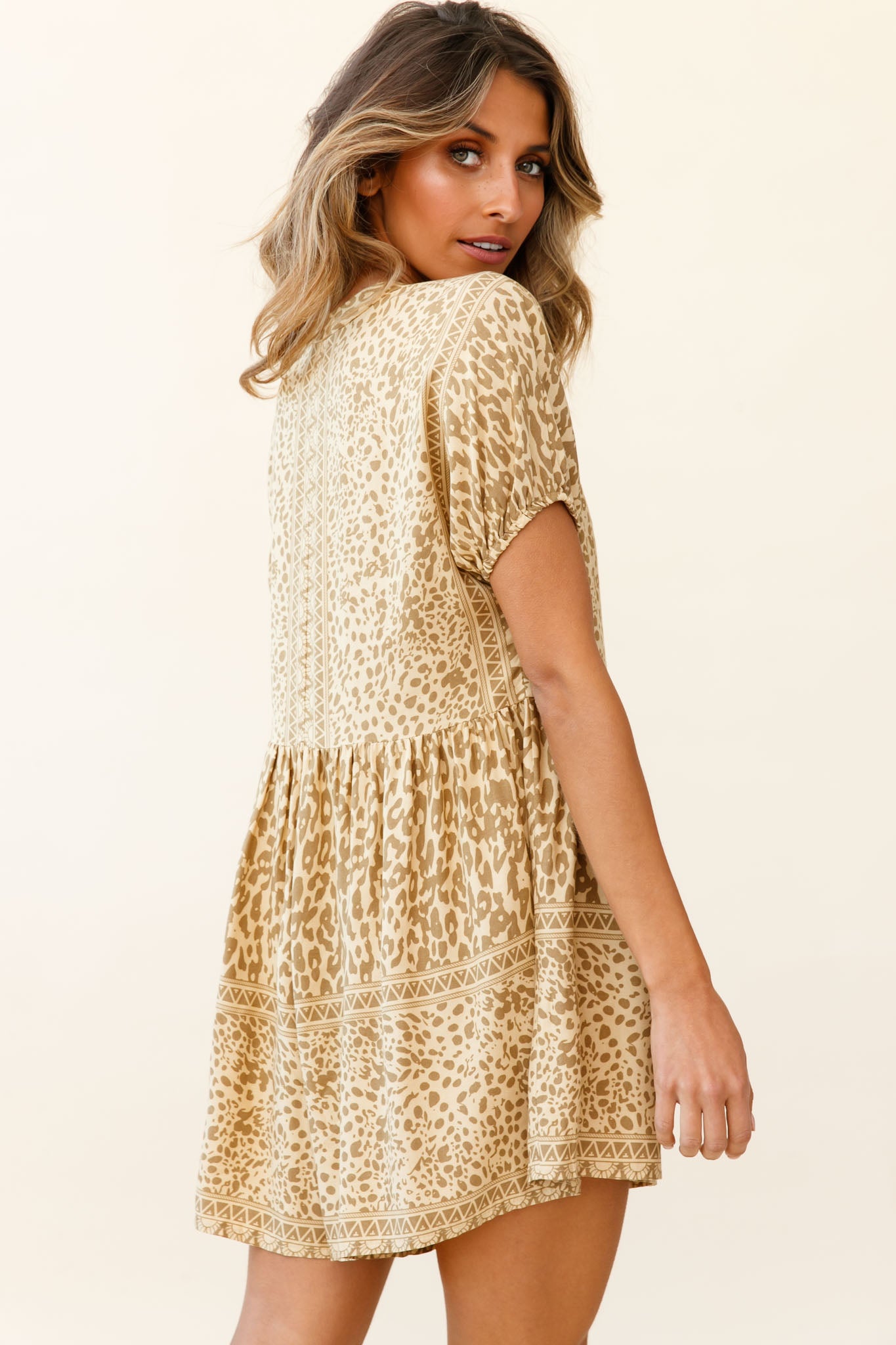 Time Flies Puff Sleeve T-Shirt Romper Animal Print Khaki by Selfie Leslie