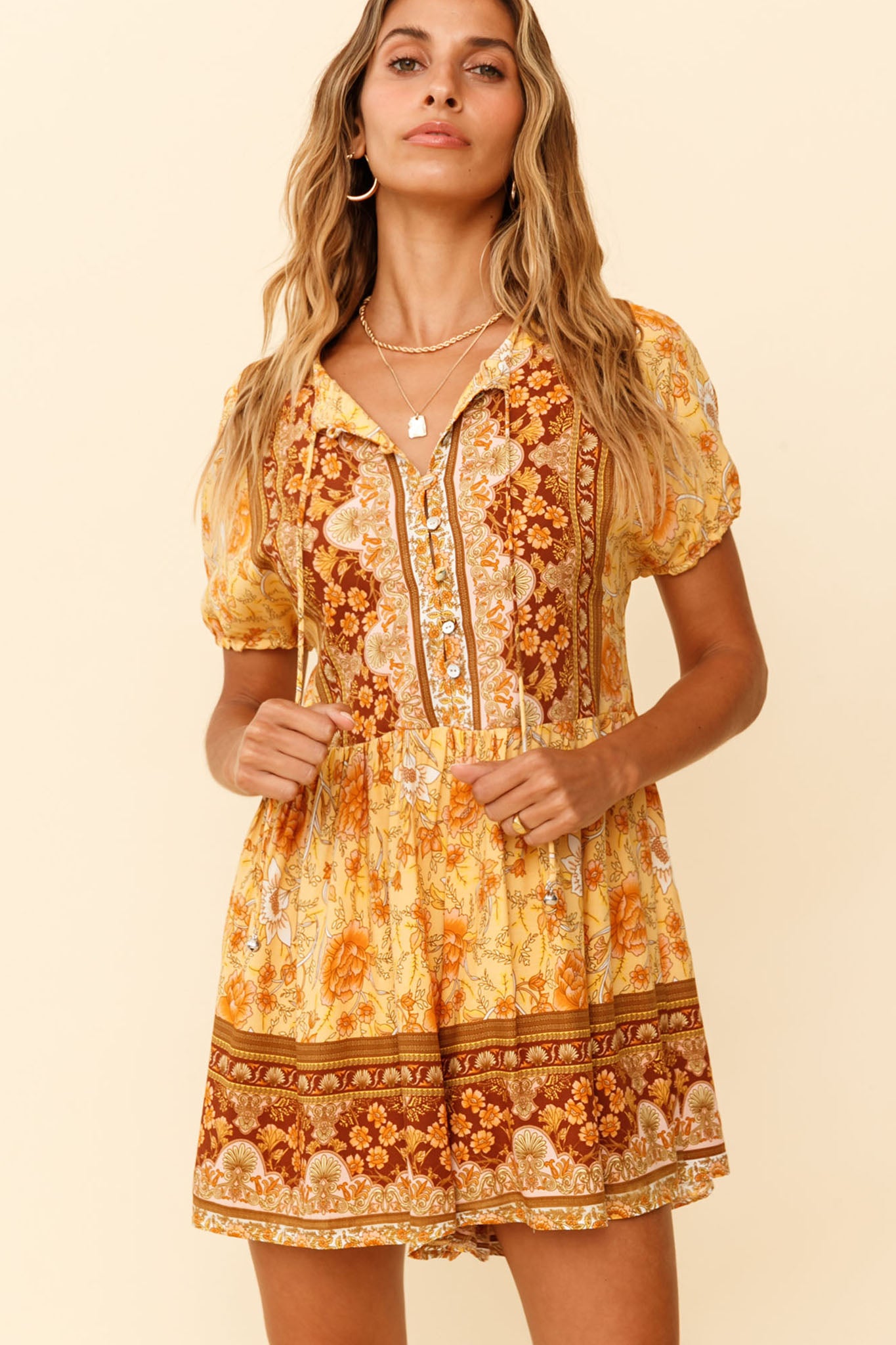 Time Flies Puff Sleeve T-Shirt Romper Boho Floral Print Yellow by Selfie Leslie