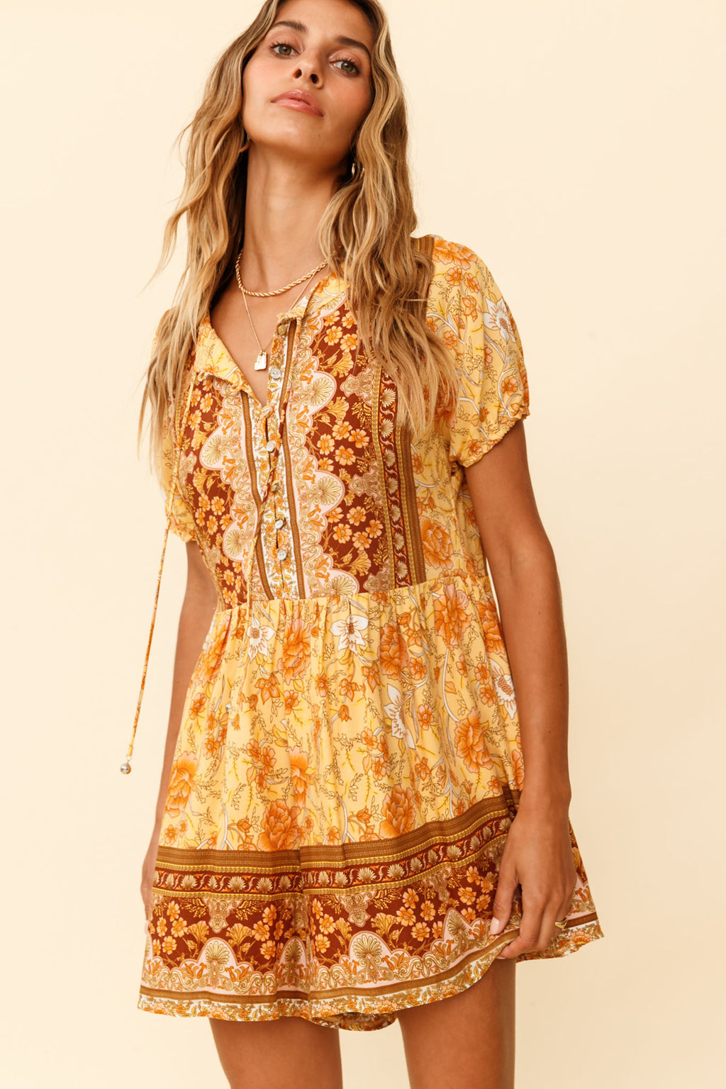 Time Flies Puff Sleeve T-Shirt Romper Boho Floral Print Yellow by Selfie Leslie
