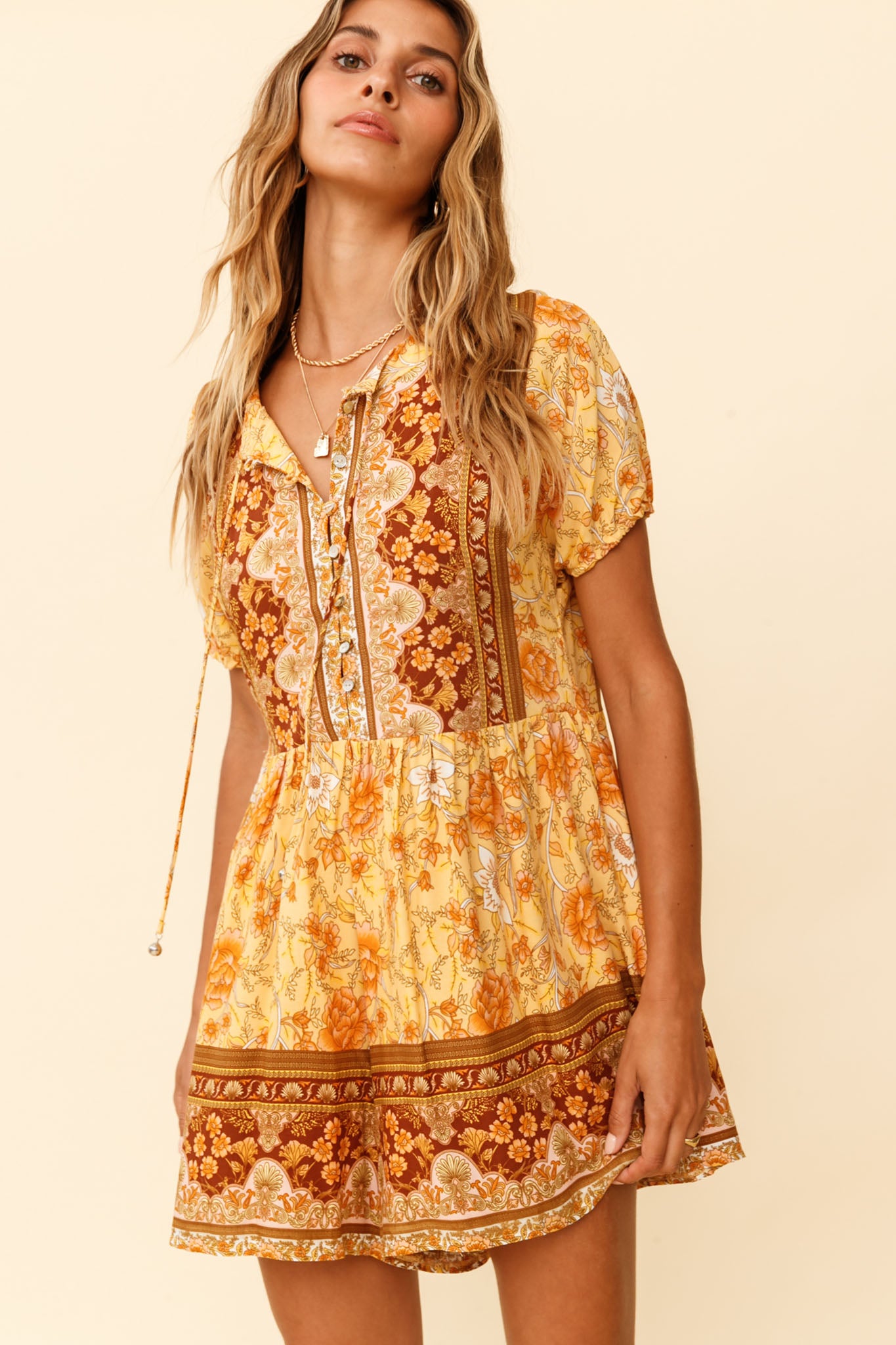 Time Flies Puff Sleeve T-Shirt Romper Boho Floral Print Yellow by Selfie Leslie