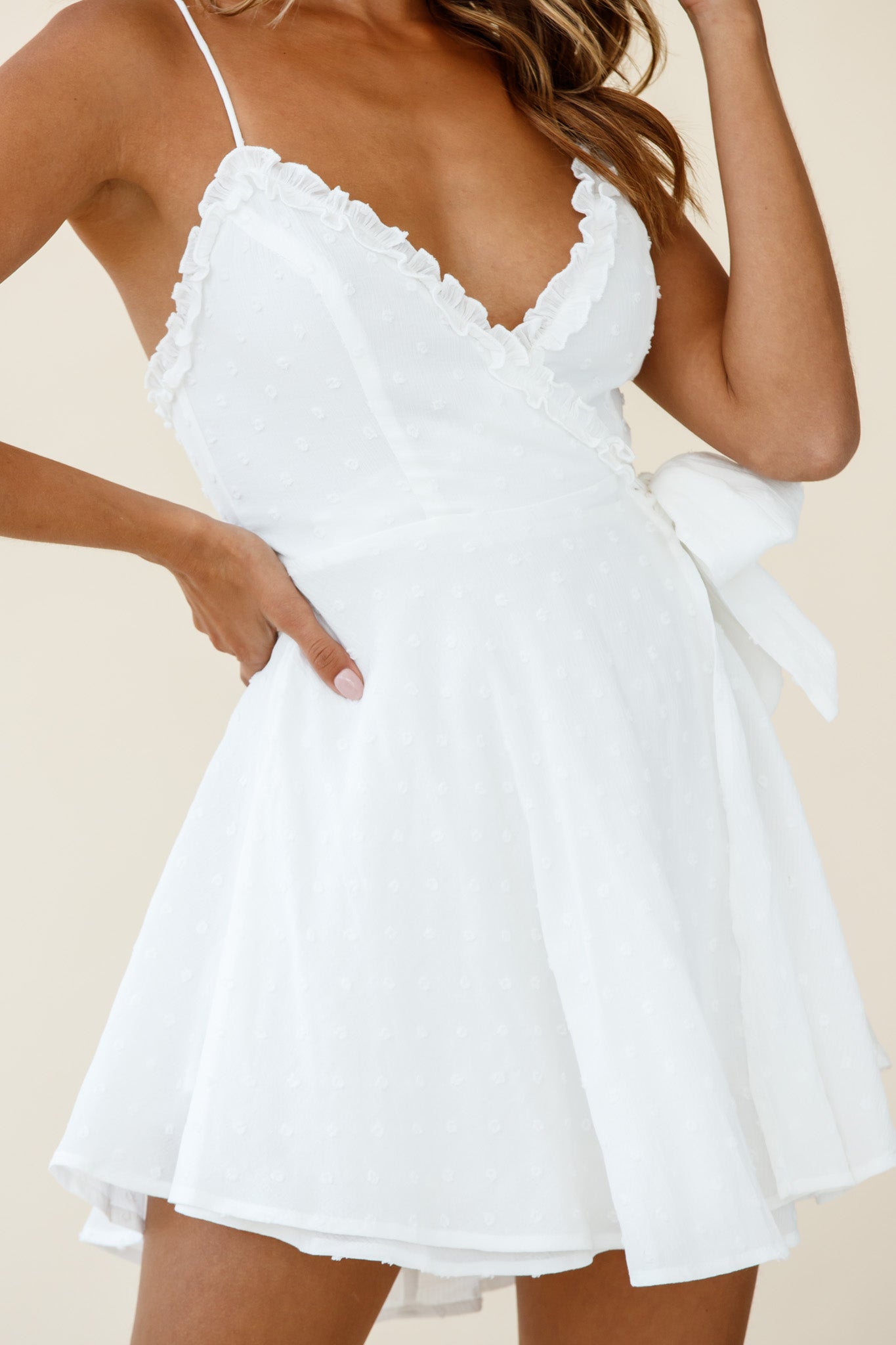 Good News Faux Wrap Frill Trim Dress White by Selfie Leslie
