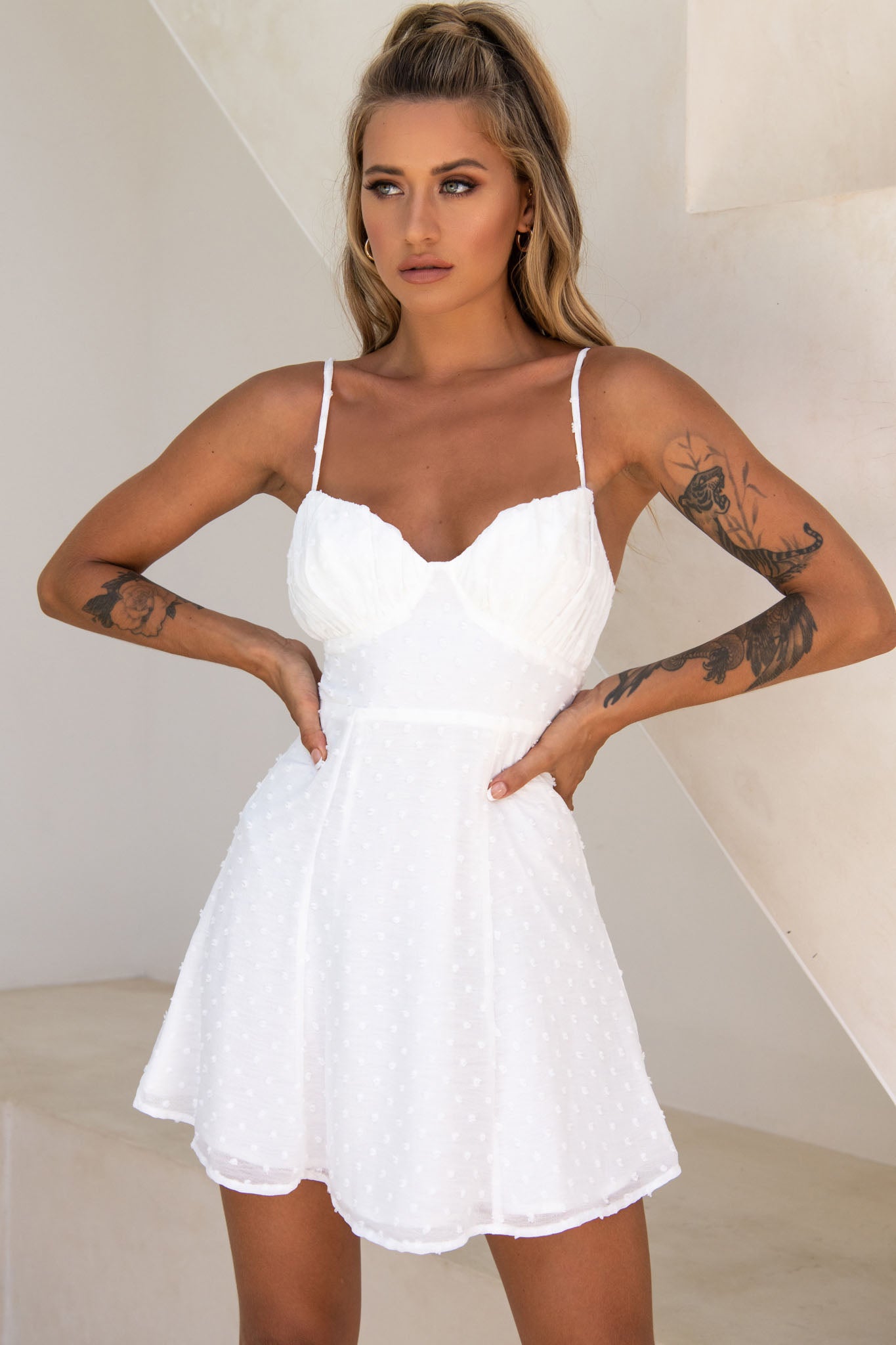 Good Morning Angel Ruched Bust A-Line Dress White by Selfie Leslie