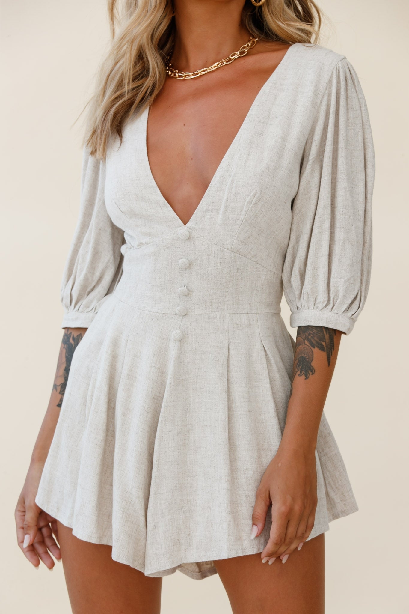 Jinka Balloon Sleeve Structured Bodice Romper Natural by Selfie Leslie