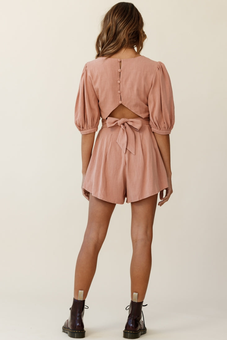 Jinka Balloon Sleeve Structured Bodice Romper Tan by Selfie Leslie