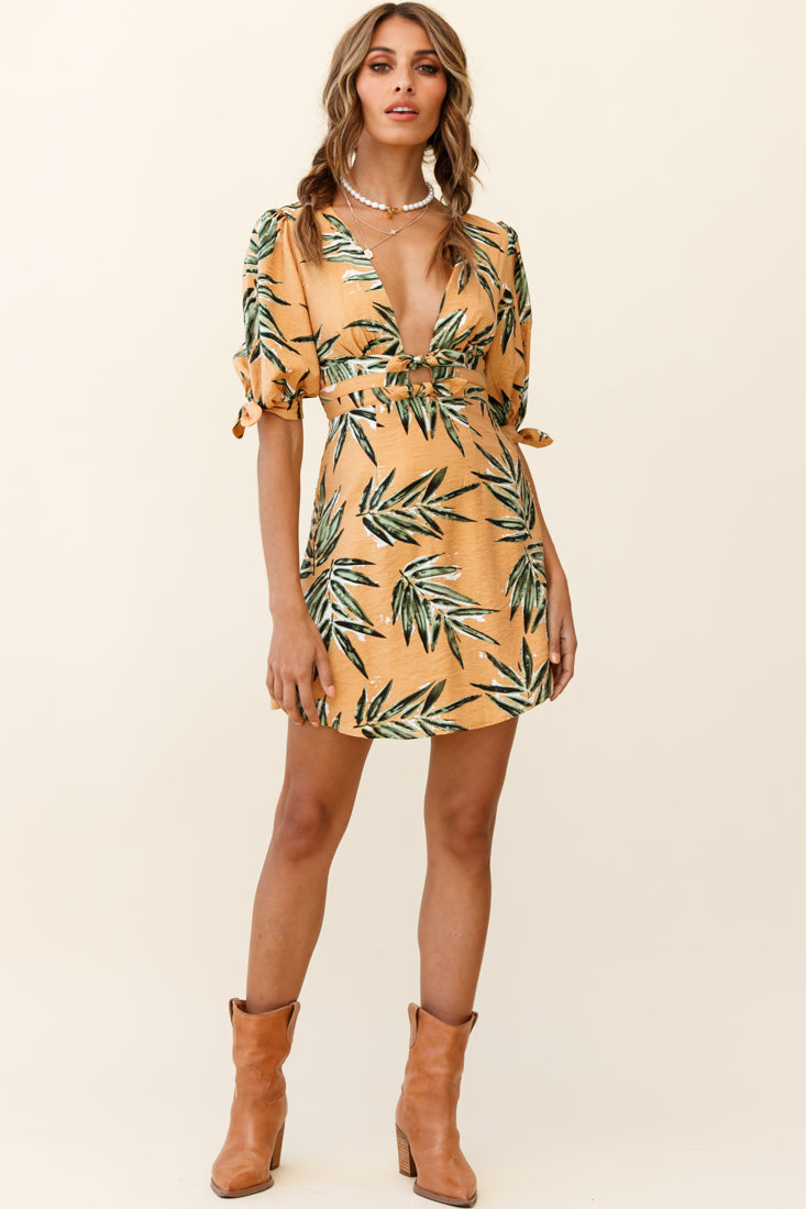 Camarillo Puff Sleeve Bow Detail Dress Leaf Print Sunset by Selfie Leslie