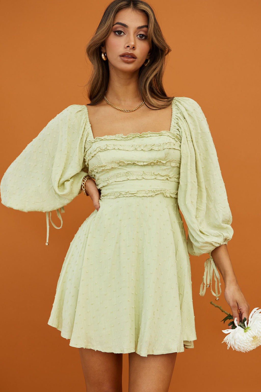 Illia Three-Quarter Balloon Sleeve Frill Bodice Dress Apple by Selfie Leslie