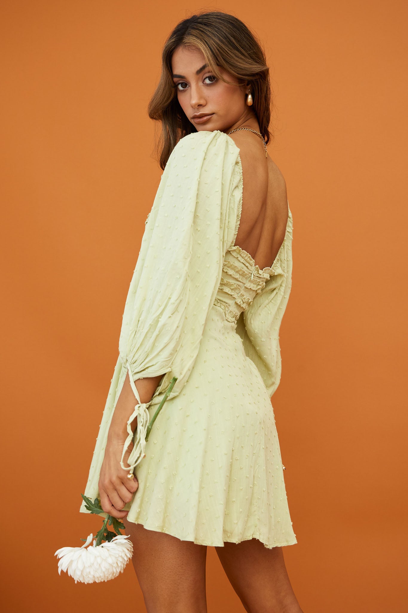 Illia Three-Quarter Balloon Sleeve Frill Bodice Dress Apple by Selfie Leslie