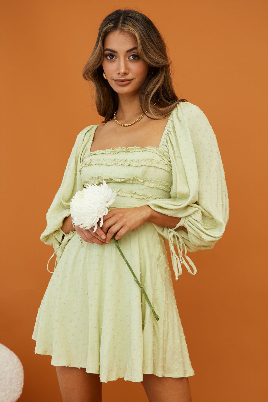 Illia Three-Quarter Balloon Sleeve Frill Bodice Dress Apple by Selfie Leslie