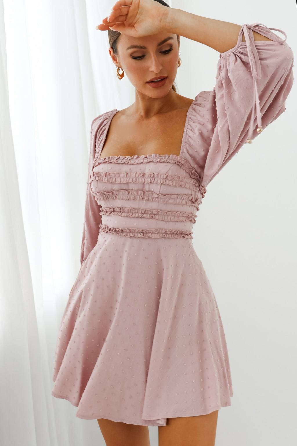 Illia Three-Quarter Balloon Sleeve Frill Bodice Dress Mauve by Selfie Leslie