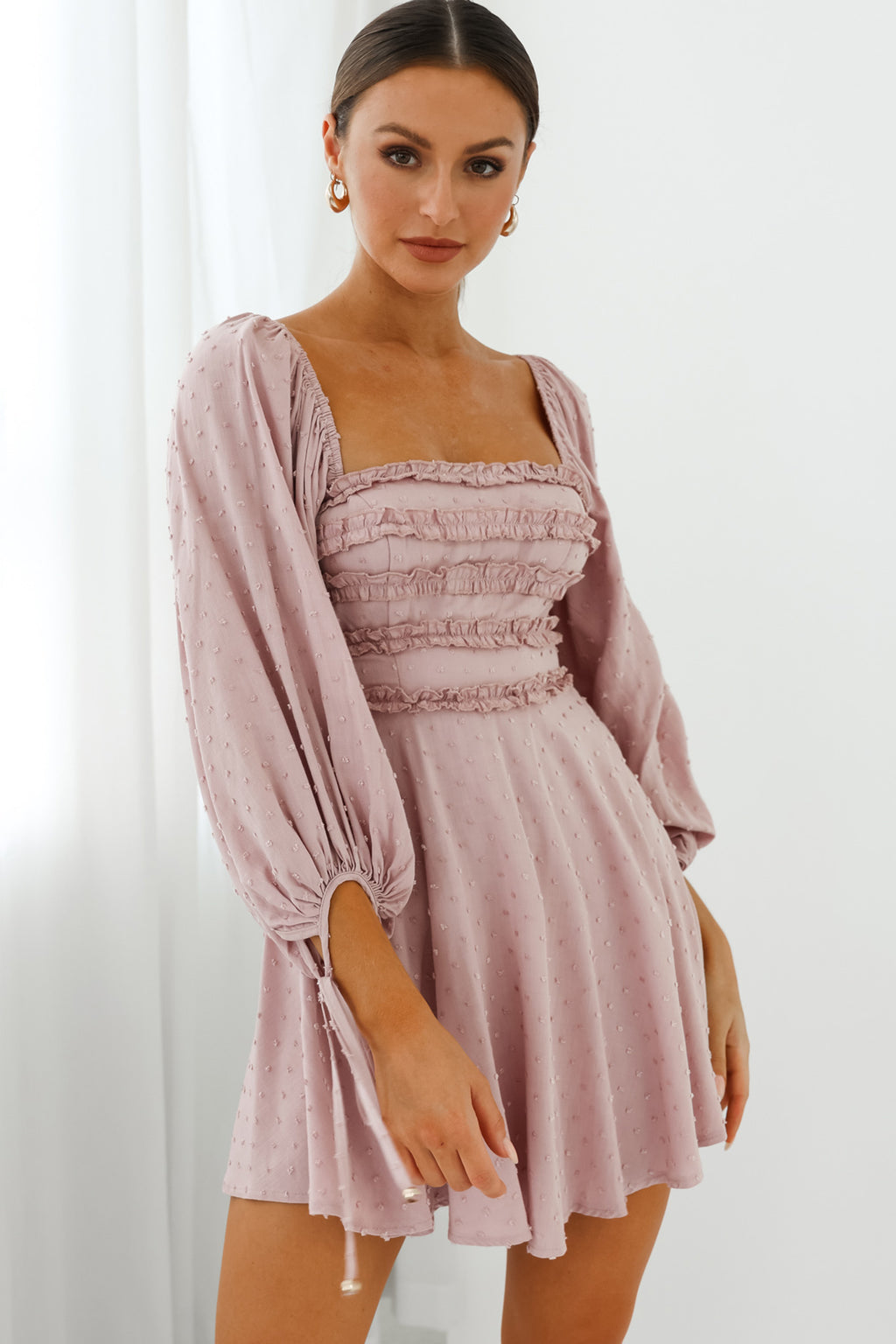 Illia Three-Quarter Balloon Sleeve Frill Bodice Dress Mauve by Selfie Leslie