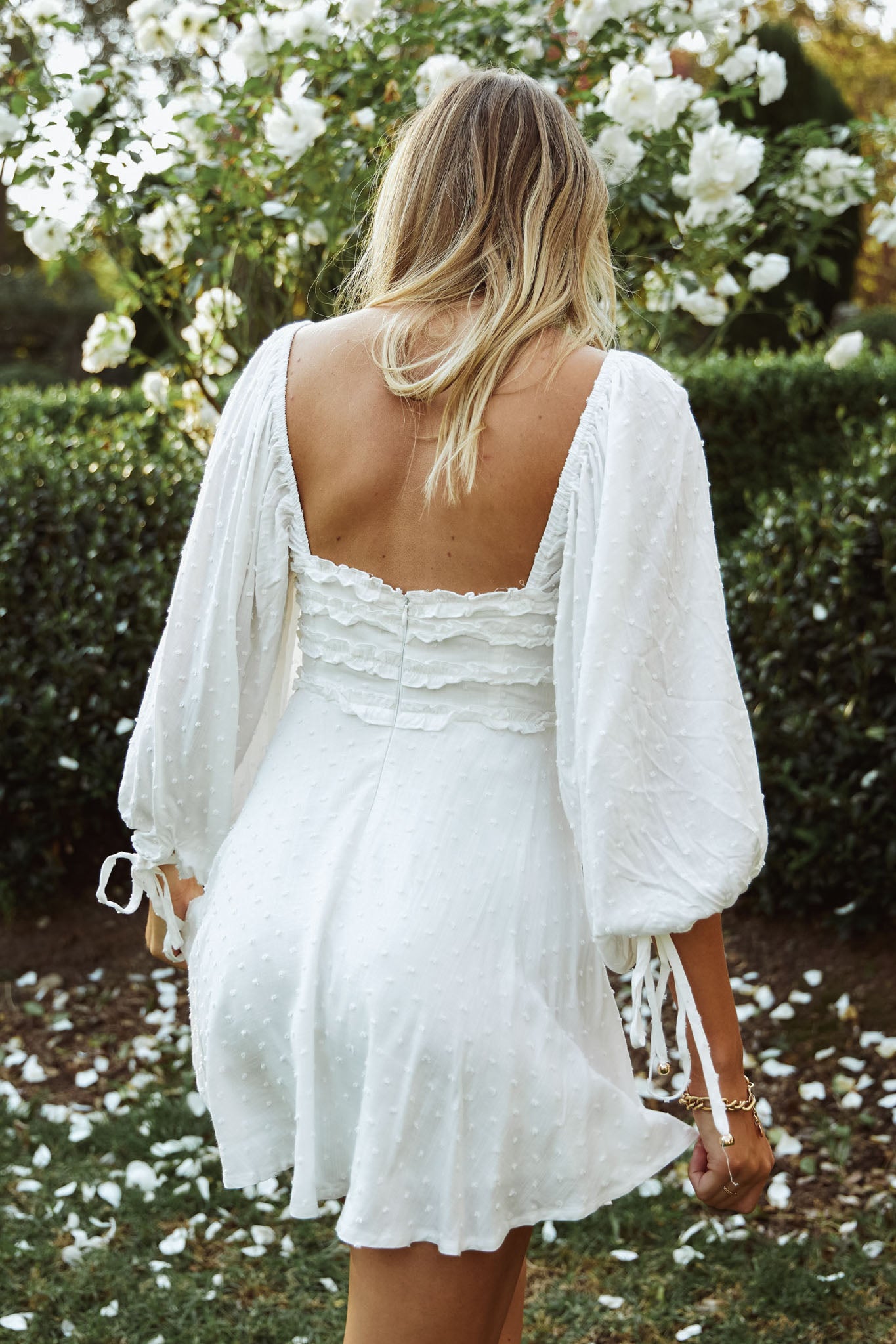 Illia Three-Quarter Balloon Sleeve Frill Bodice Dress White Illia Three-Quarter Balloon Sleeve Frill Bodice Dress White
