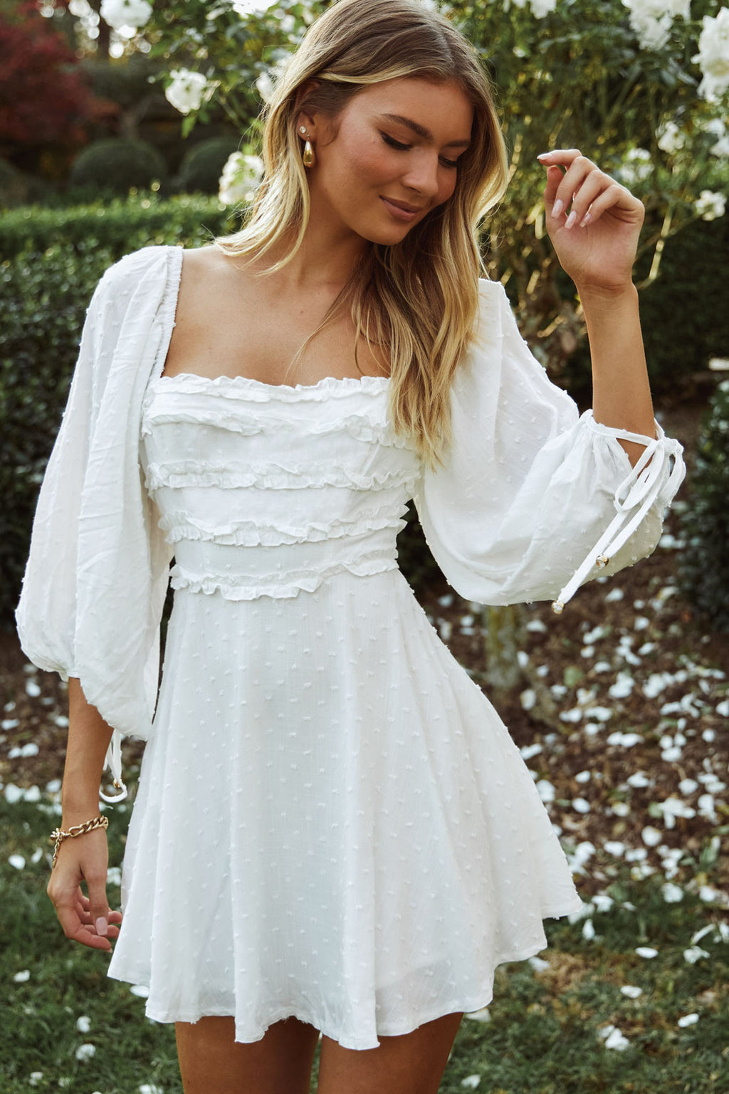 Illia Three-Quarter Balloon Sleeve Frill Bodice Dress White - S Illia Three-Quarter Balloon Sleeve Frill Bodice Dress White - S