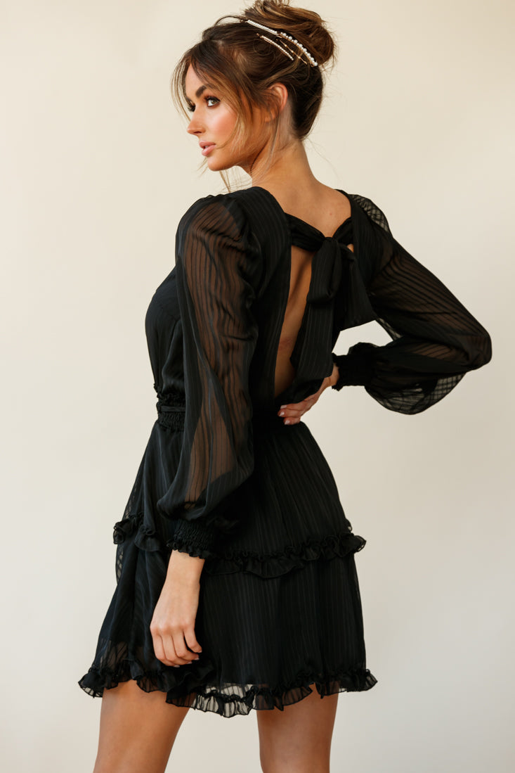 Mildred Long Sleeve Shirred Waist Frill Dress Black by Selfie Leslie