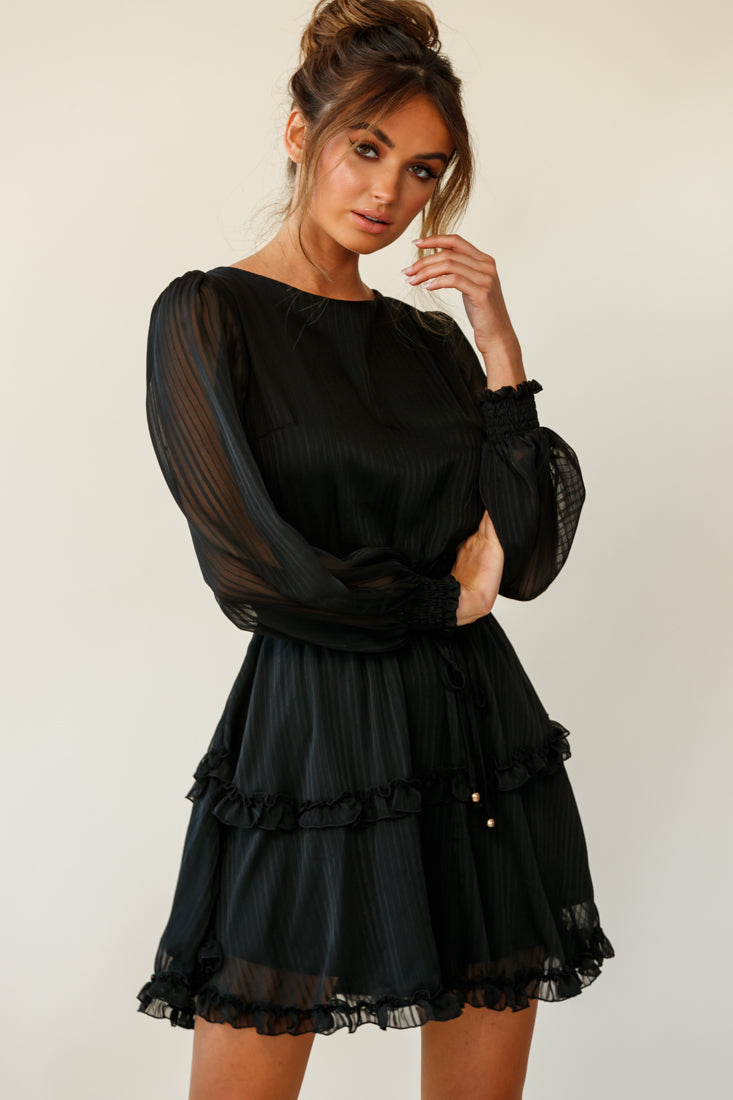 Mildred Long Sleeve Shirred Waist Frill Dress Black by Selfie Leslie