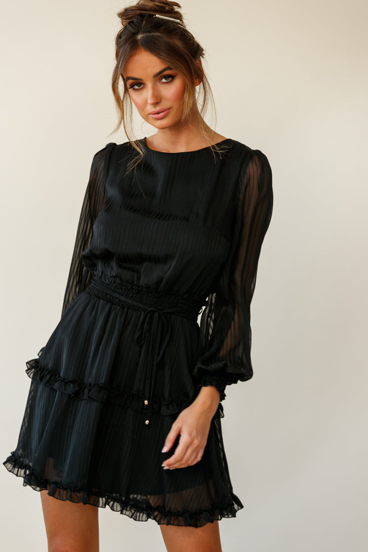 Mildred Long Sleeve Shirred Waist Frill Dress Black by Selfie Leslie