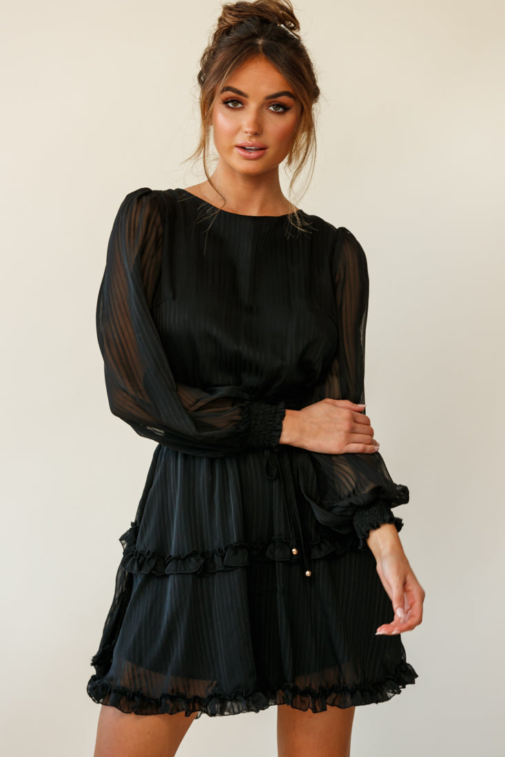 Mildred Long Sleeve Shirred Waist Frill Dress Black by Selfie Leslie