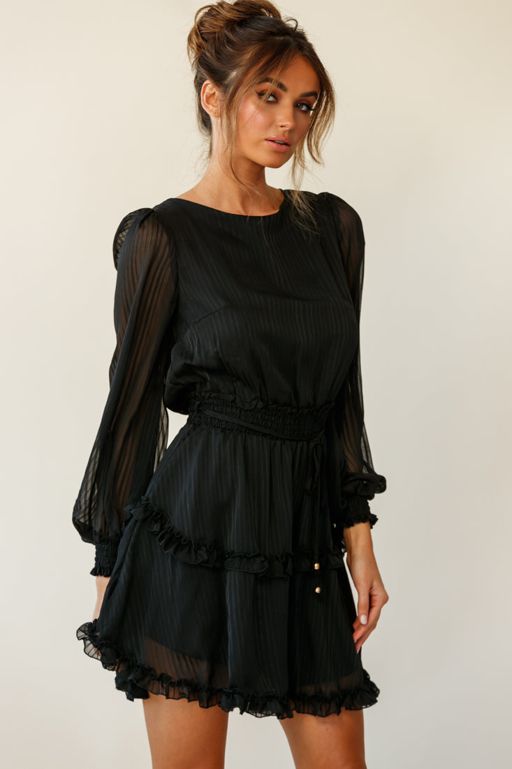 Mildred Long Sleeve Shirred Waist Frill Dress Black by Selfie Leslie