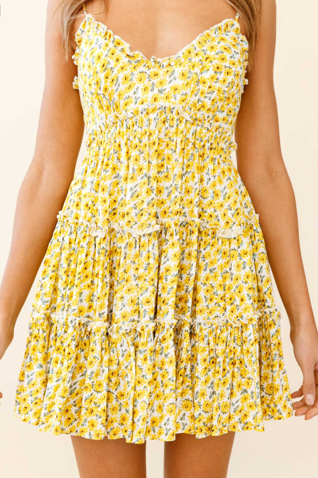 Buttercup Frill Trimmed Babydoll Dress Floral Print Yellow by Selfie Leslie
