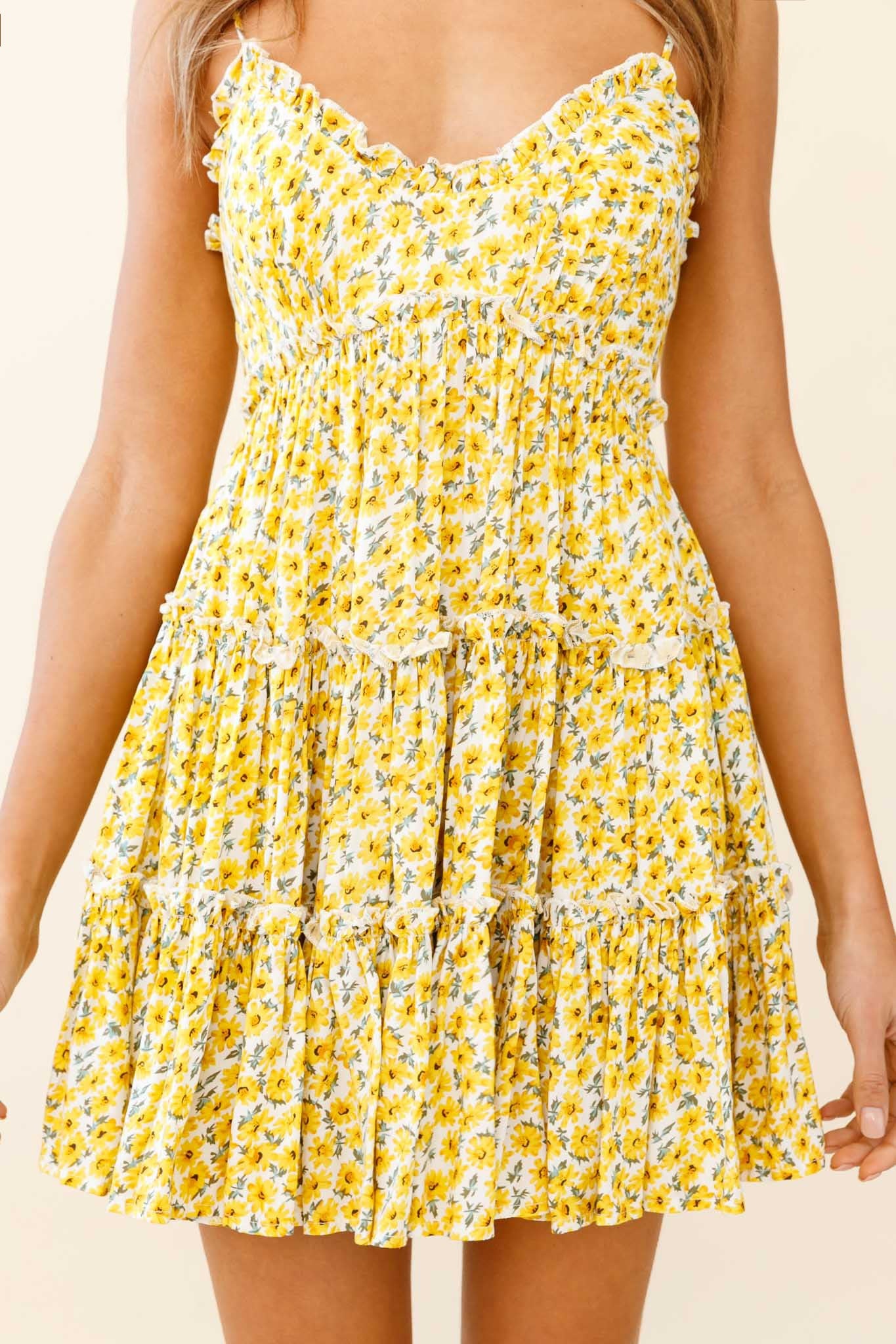 Buttercup Frill Trimmed Babydoll Dress Floral Print Yellow by Selfie Leslie