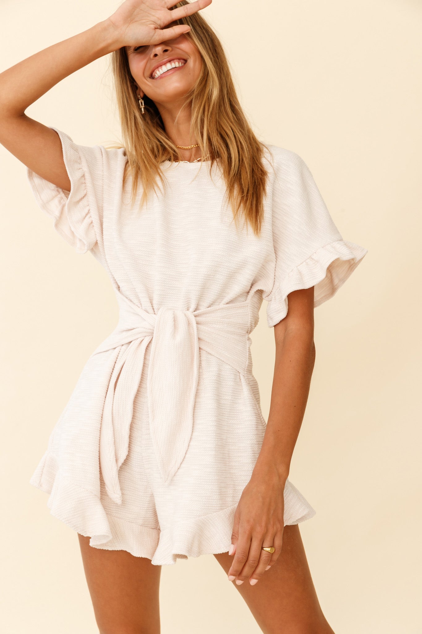 Feelin' Blessed Waist-Tie Frill Trim Romper Beige by Selfie Leslie