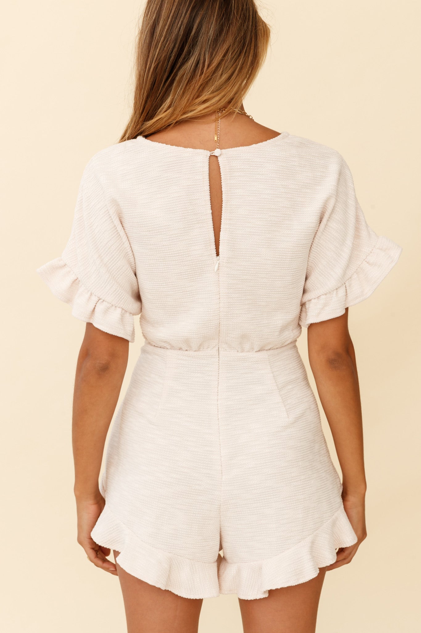 Feelin' Blessed Waist-Tie Frill Trim Romper Beige by Selfie Leslie